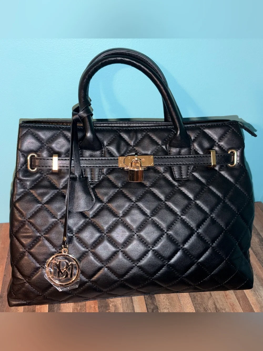 Badgley Mischka Black Quilted Satchel with Gold Hardware